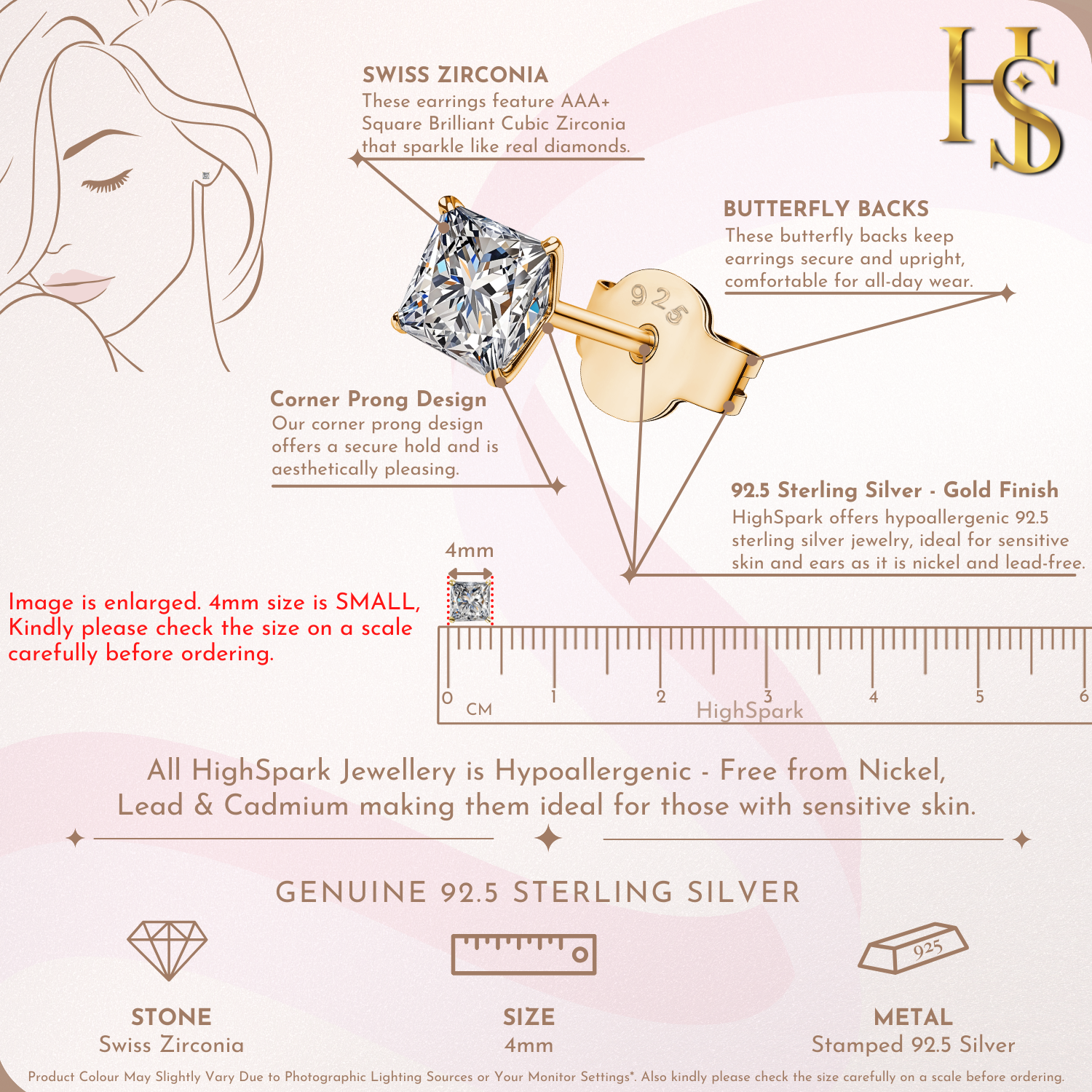 Infographic showing the features of a gold-plated stud earring with a 4mm princess-cut American diamond held in a four-prong setting.