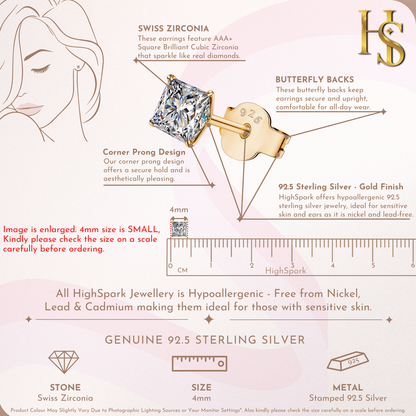 Infographic showing the features of a gold-plated stud earring with a 4mm princess-cut American diamond held in a four-prong setting.