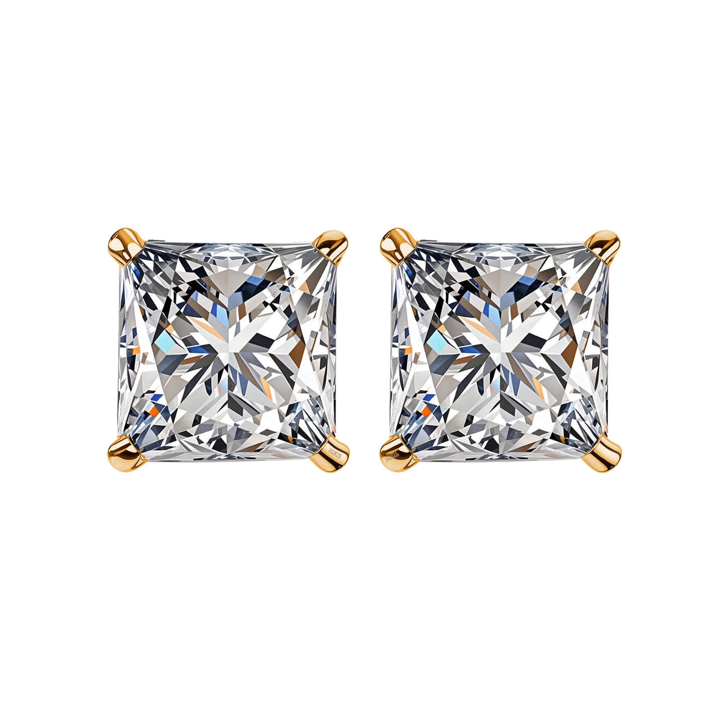 A pair of solitaire stud earrings with princess-cut American diamonds in a four-prong.