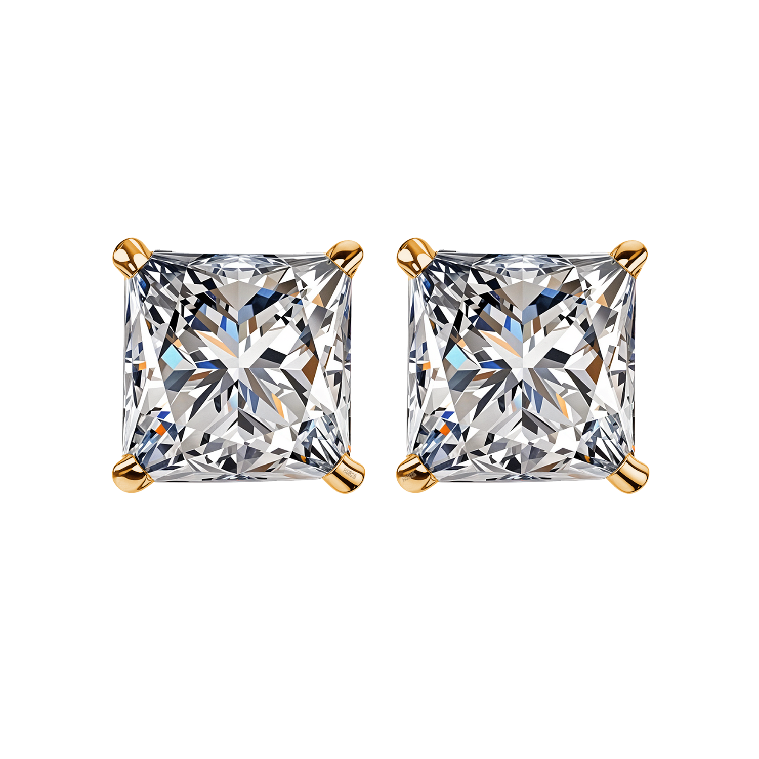 A pair of solitaire stud earrings with princess-cut American diamonds in a four-prong.