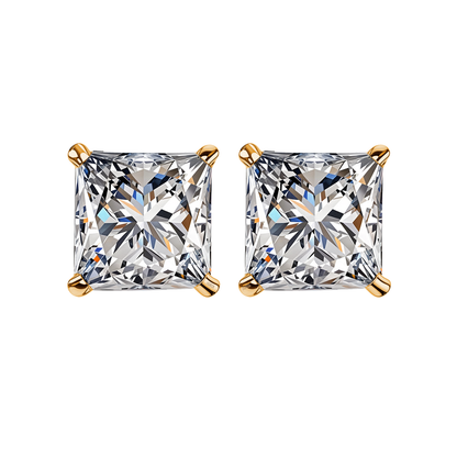 A pair of solitaire stud earrings with princess-cut American diamonds in a four-prong.