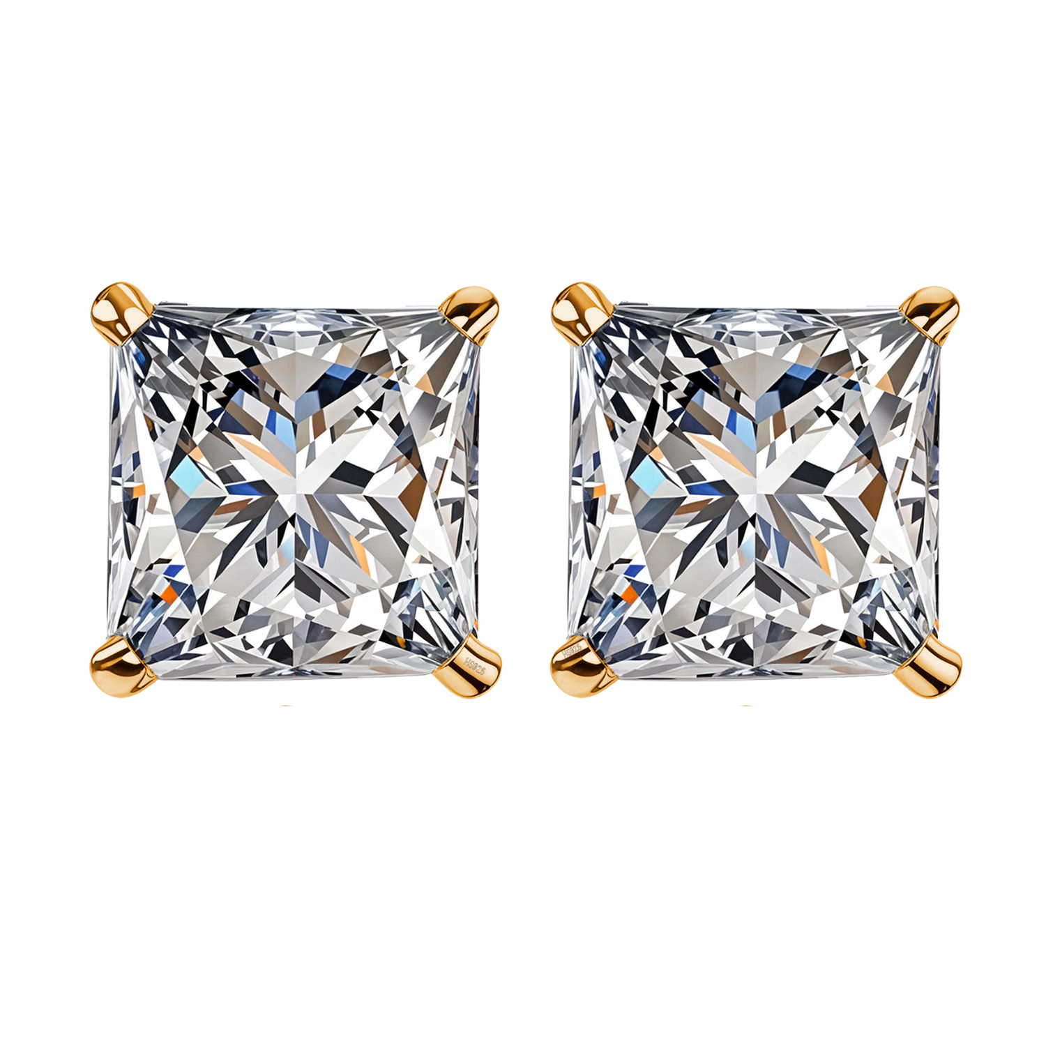 A pair of stud earrings with princess-cut American diamonds in a four-prong, gold-plated sterling silver setting on a white background.