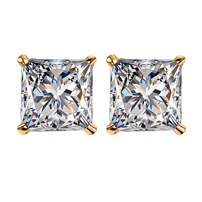 A pair of stud earrings with princess-cut American diamonds in a four-prong, gold-plated sterling silver setting on a white background.