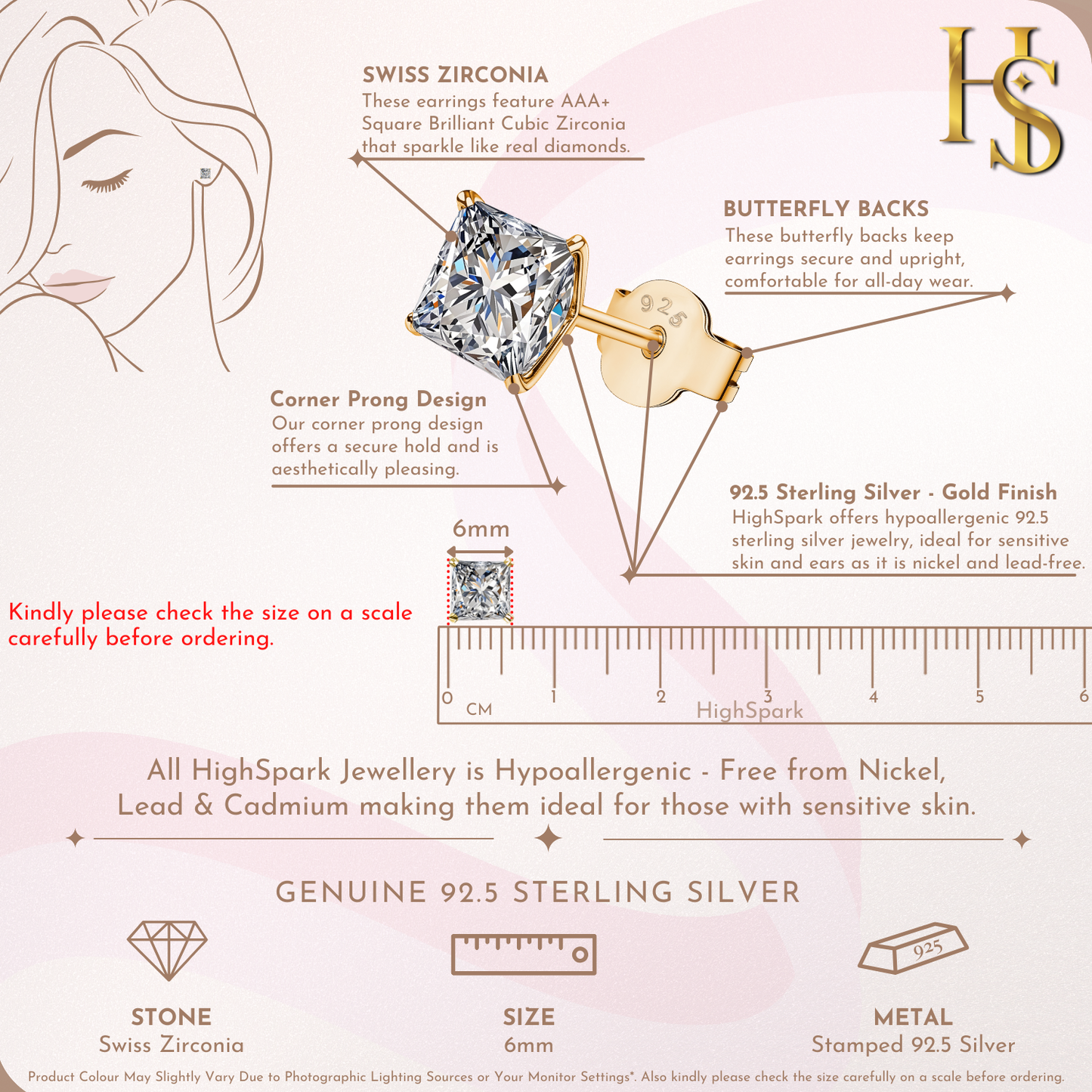 Infographic showing the features of gold-plated stud earrings with a princess-cut American diamond, including the 6mm size on a ruler.