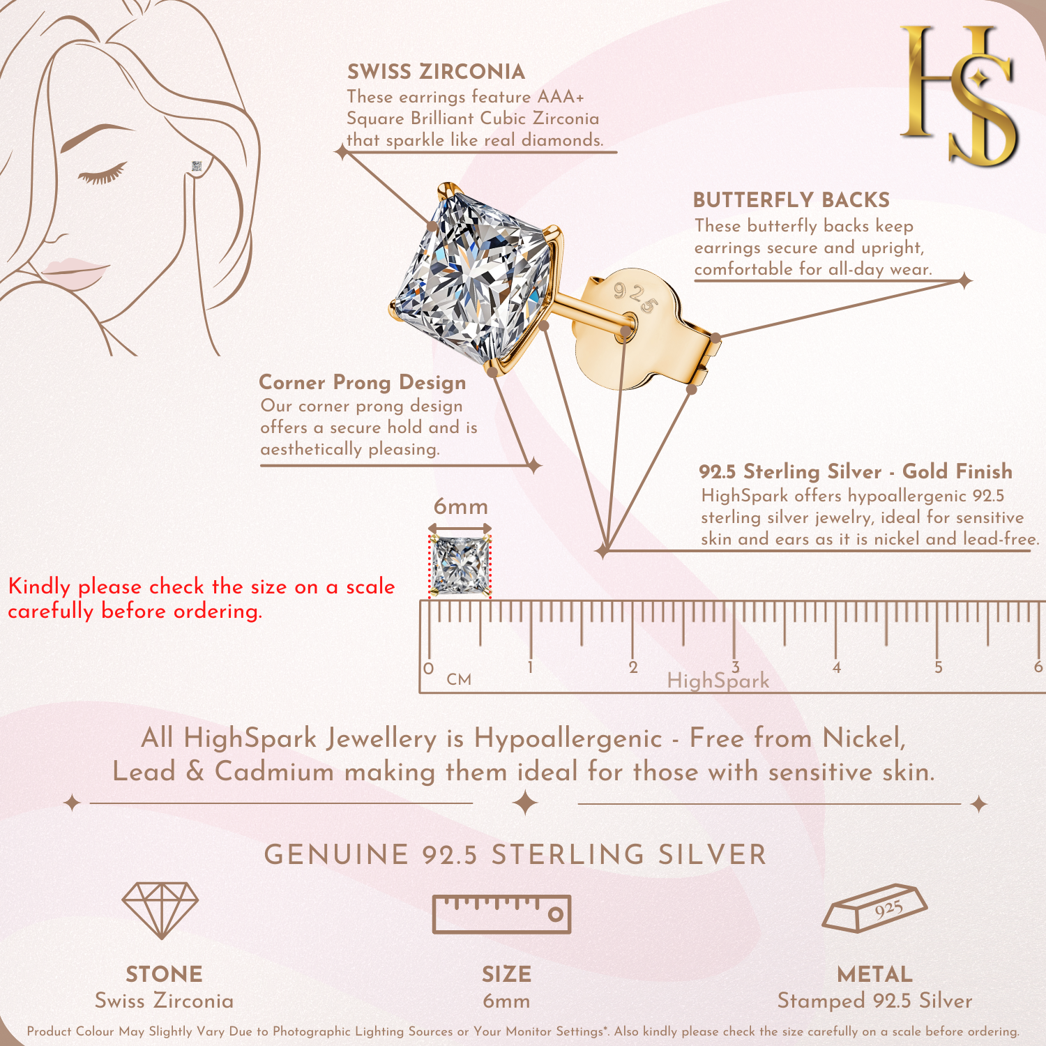 Infographic showing the features of gold-plated stud earrings with a princess-cut American diamond, including the 6mm size on a ruler.
