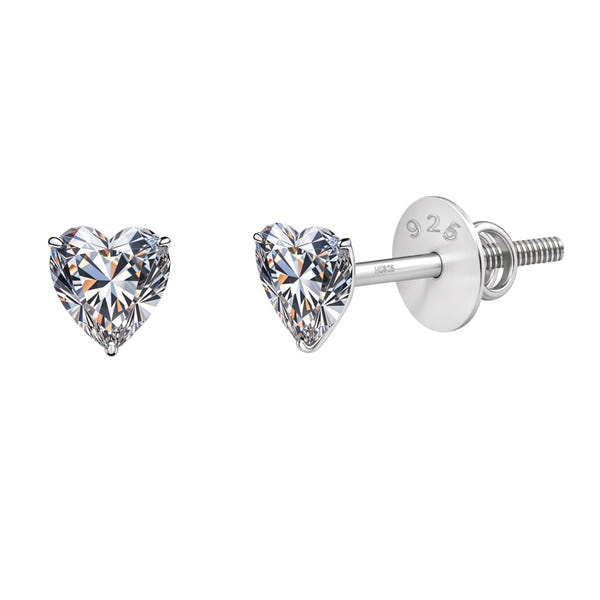 A pair of love spark silver studs with heart-shaped American diamonds in a prong setting with secure screwbacks.