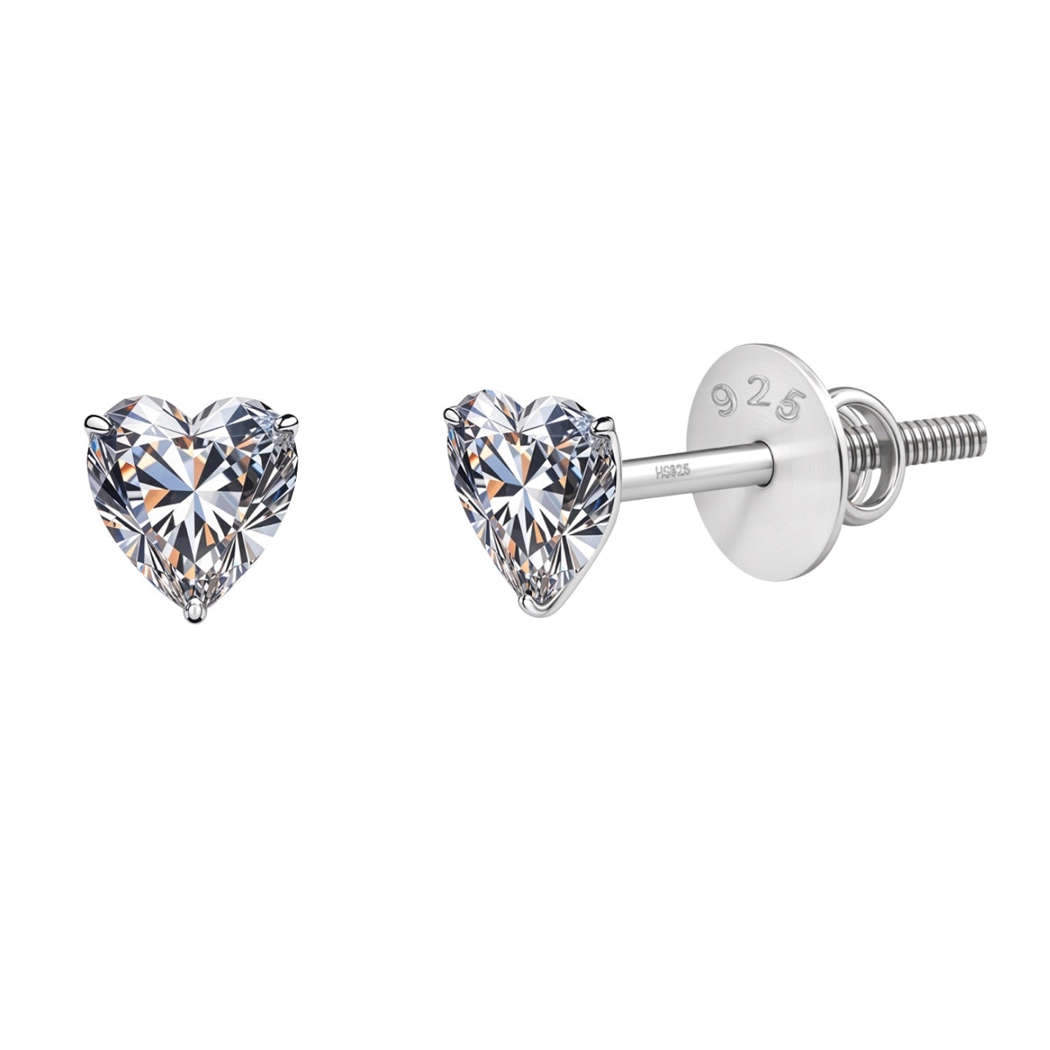 A pair of love spark silver studs with heart-shaped American diamonds in a prong setting with secure screwbacks.