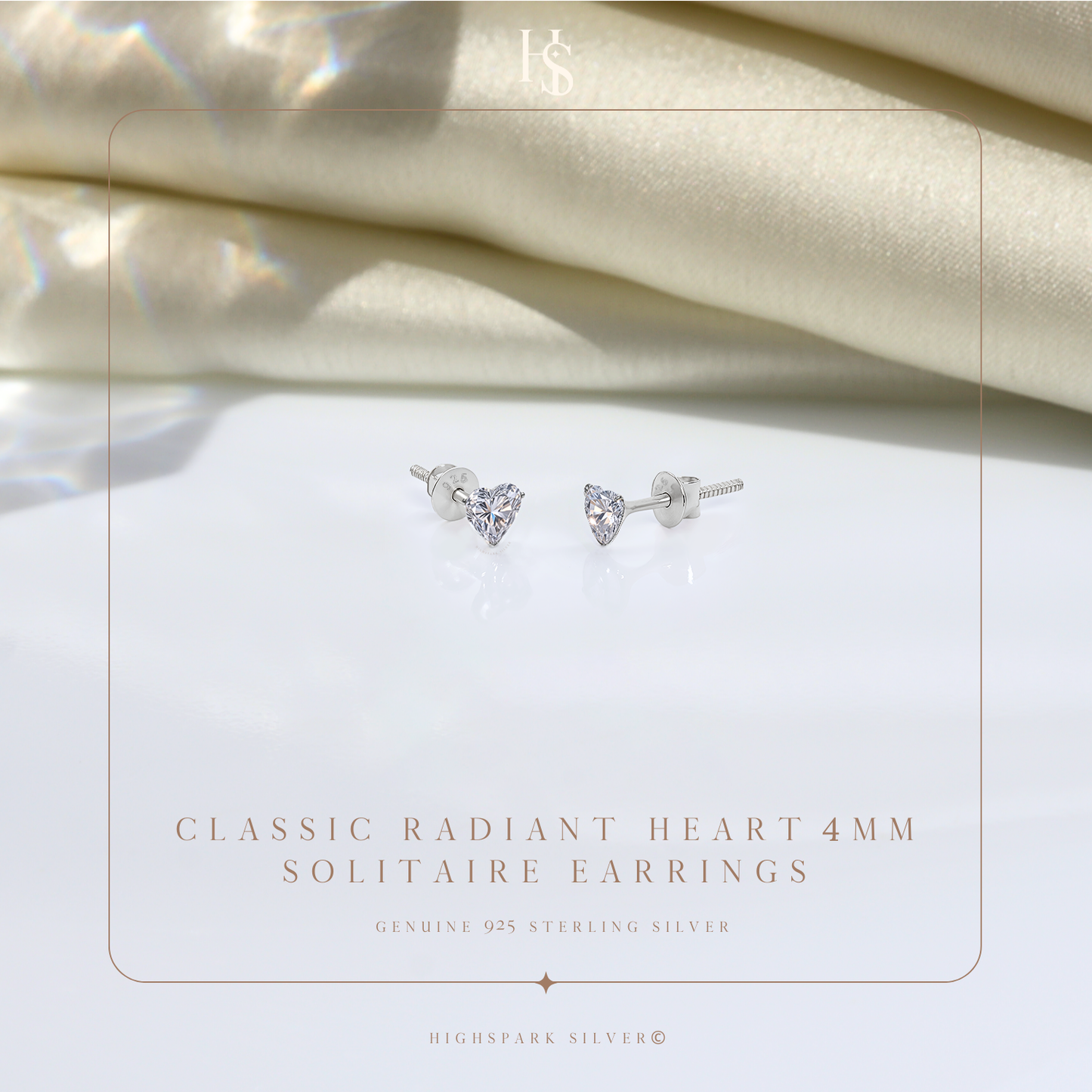 Solitaire Heart Screwback Stud Earrings in 92.5 Silver - Heart Shape - Brilliant Swiss Zirconia HighSpark