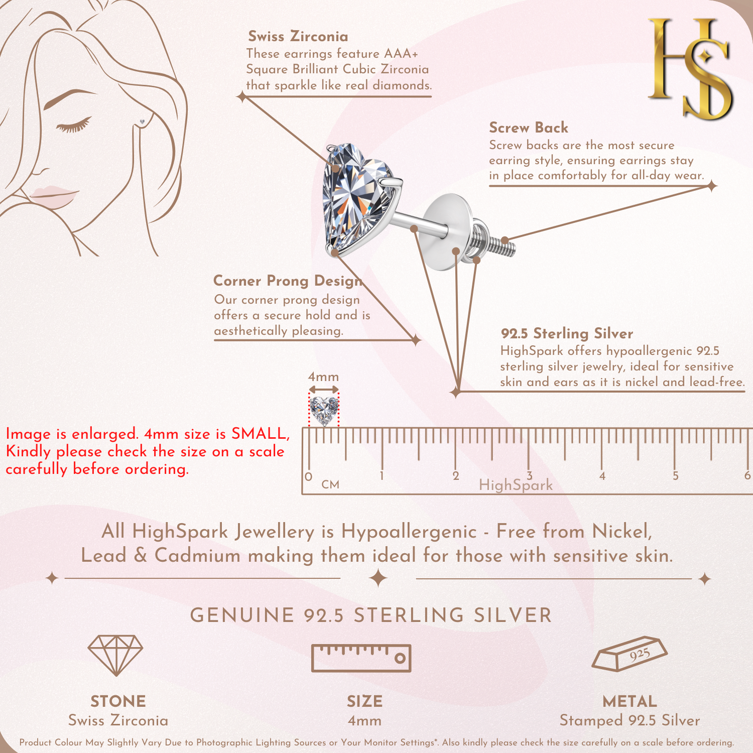 Solitaire Heart Screwback Stud Earrings in 92.5 Silver - Heart Shape - Brilliant Swiss Zirconia HighSpark