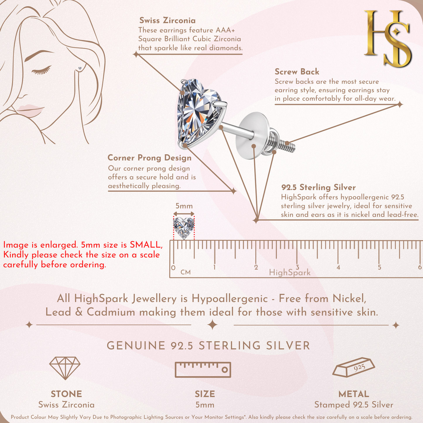 Solitaire Heart Screwback Stud Earrings in 92.5 Silver - Heart Shape - Brilliant Swiss Zirconia HighSpark