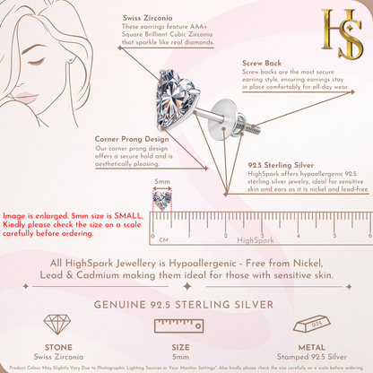 Solitaire Heart Screwback Stud Earrings in 92.5 Silver - Heart Shape - Brilliant Swiss Zirconia HighSpark