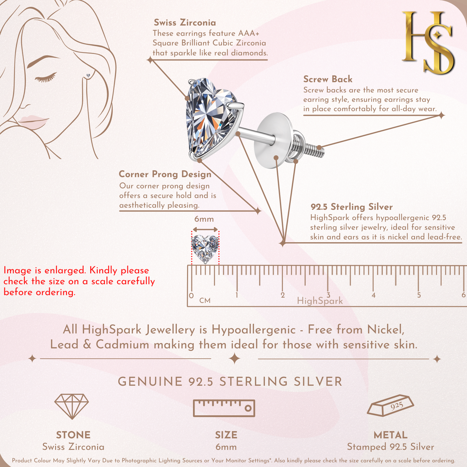 Solitaire Heart Screwback Stud Earrings in 92.5 Silver - Heart Shape - Brilliant Swiss Zirconia HighSpark