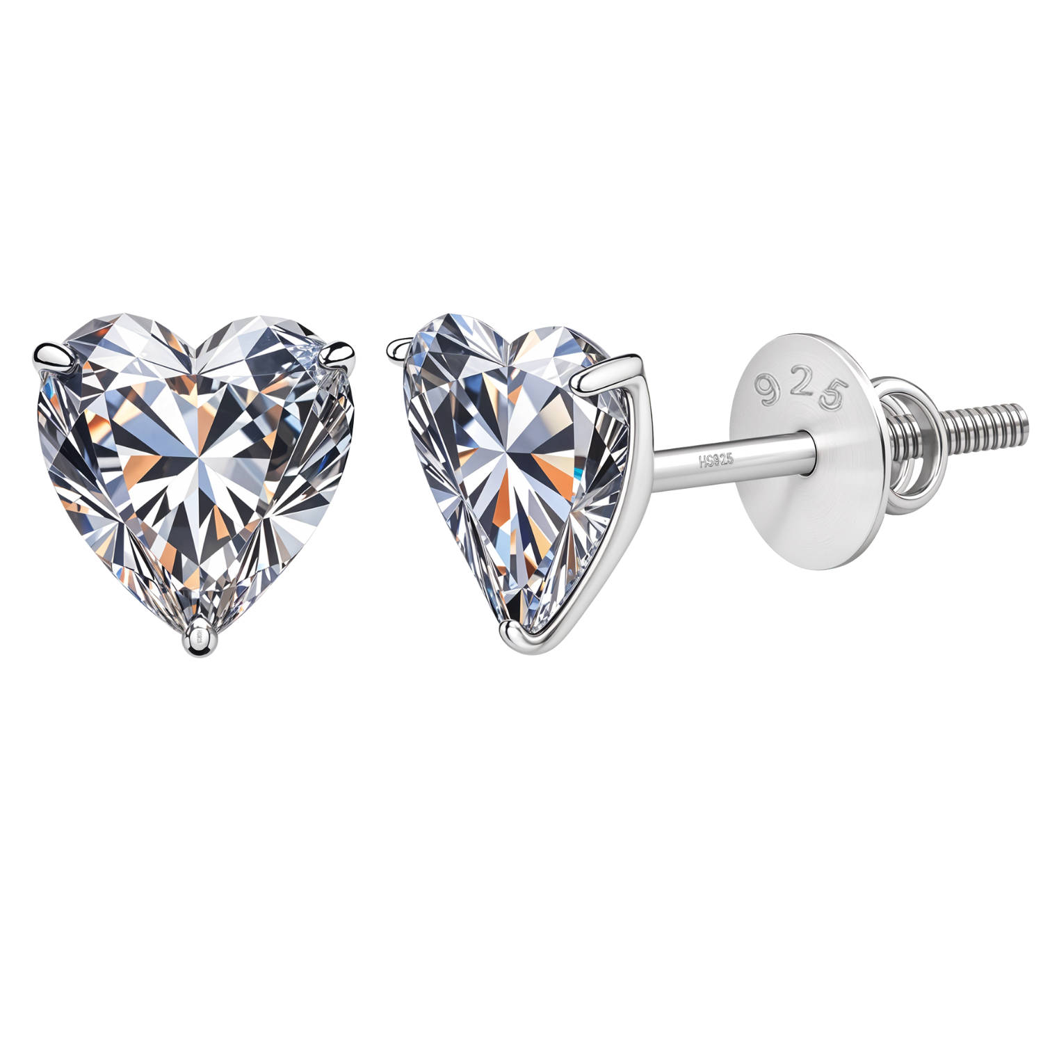 A pair of heart-shaped American diamond stud earrings with a three-prong setting and screw backs, made from sterling silver.