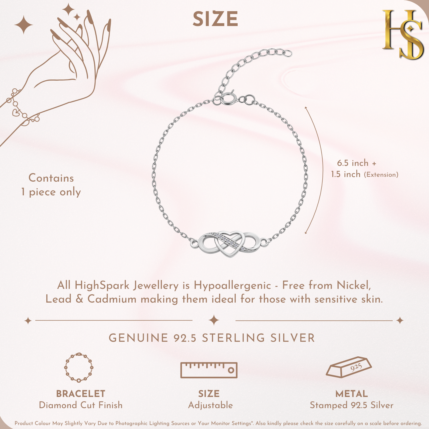 Infographic showing the features of a sterling silver bracelet with an infinity loop and heart motif paved with American diamonds.