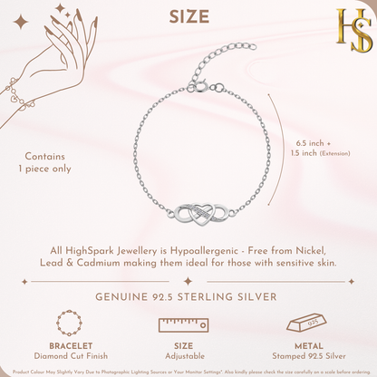 Infographic showing the features of a sterling silver bracelet with an infinity loop and heart motif paved with American diamonds.