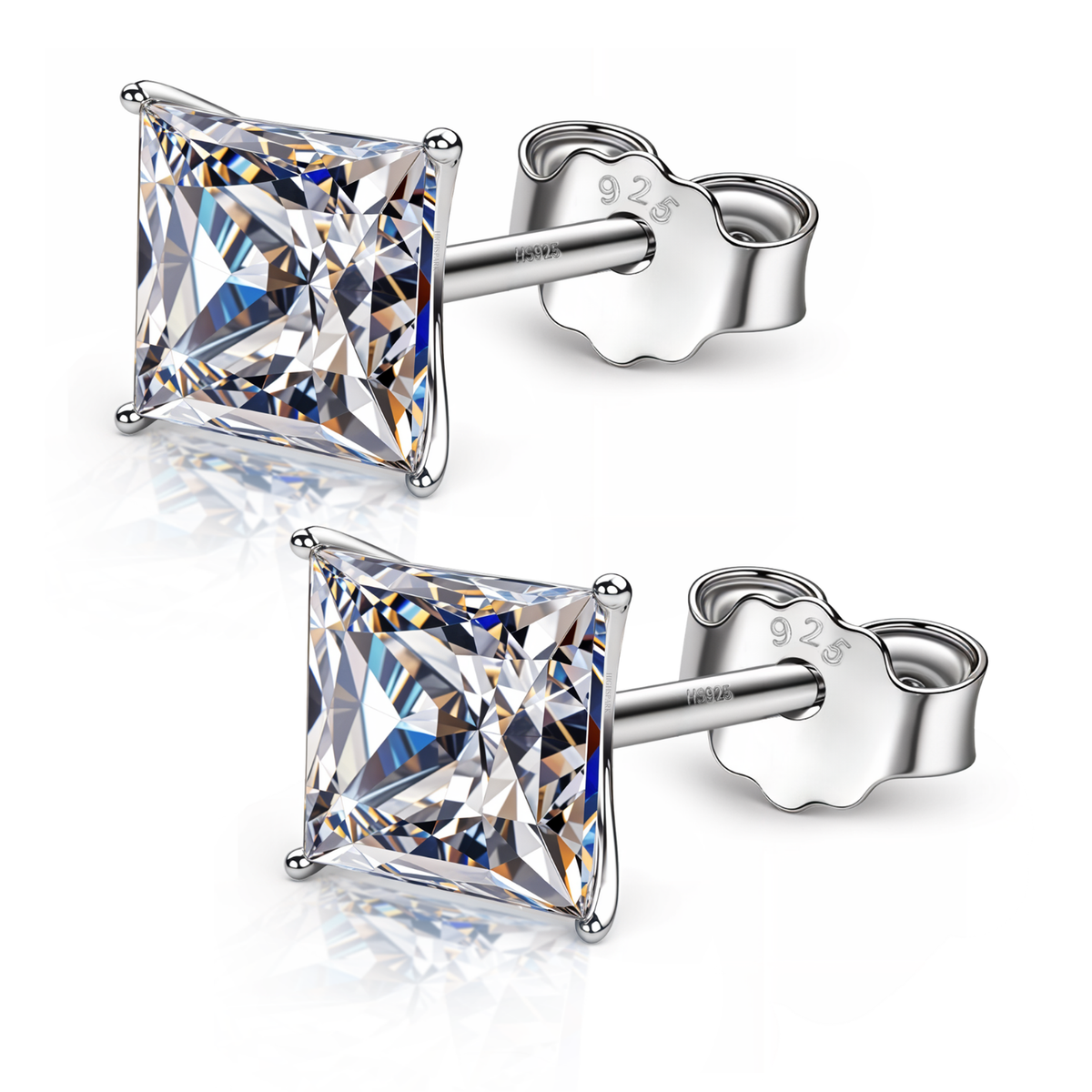 A pair of stud earrings with princess-cut American diamonds in a four-prong setting, made of sterling silver on a white background.