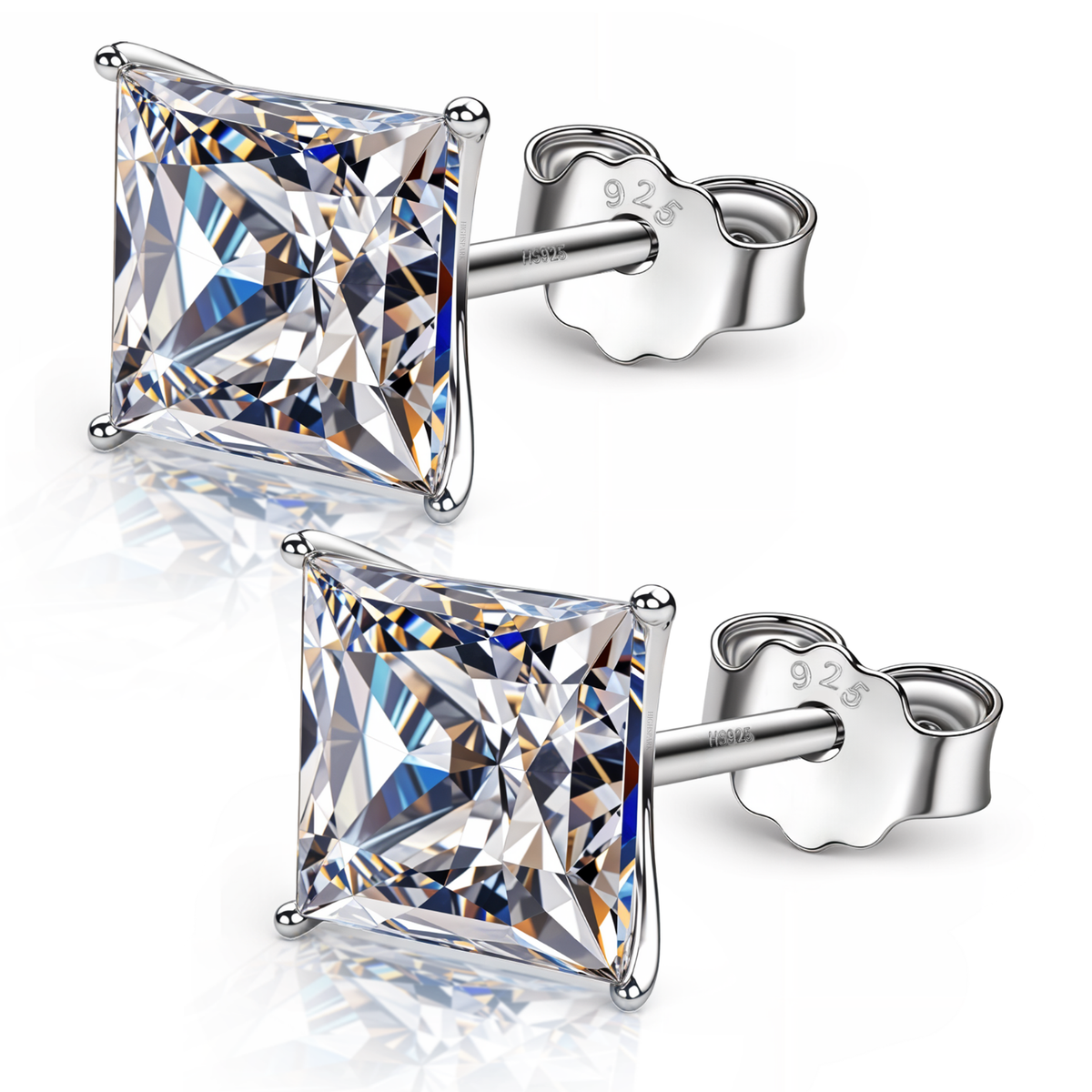 A pair of stud earrings with princess-cut American diamonds in a four-prong setting, made of sterling silver, on a white background.