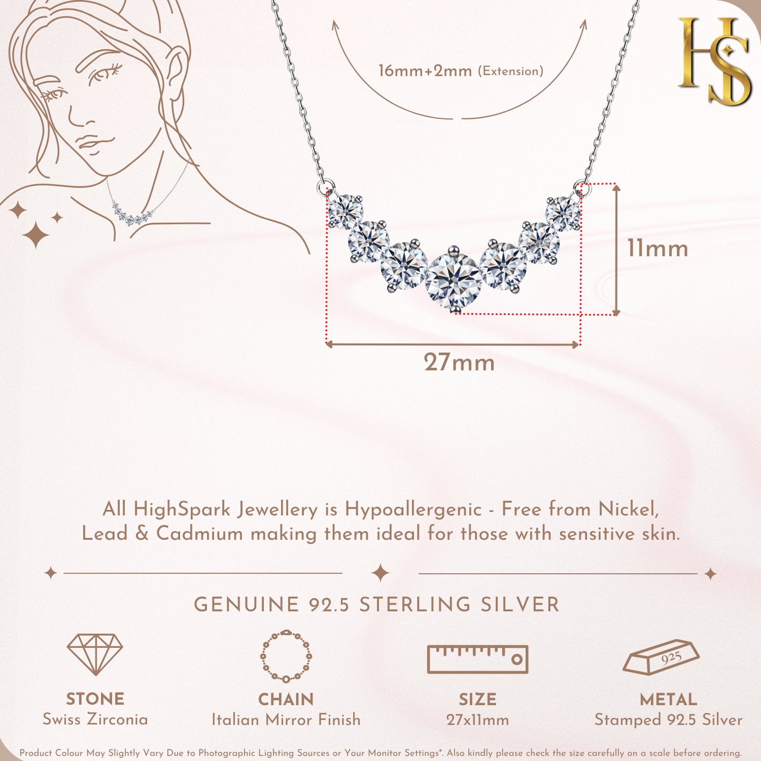 Infographic showing the dimensions of a sterling silver necklace with seven graduated, round American diamond solitaires in a curved bar.