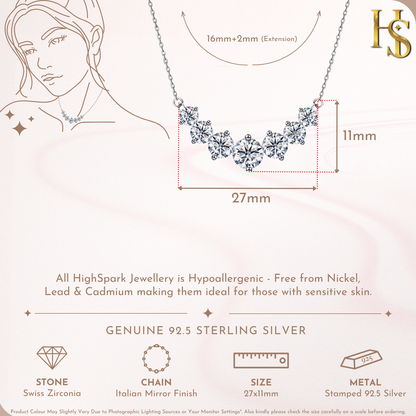 Infographic showing the dimensions of a sterling silver necklace with seven graduated, round American diamond solitaires in a curved bar.