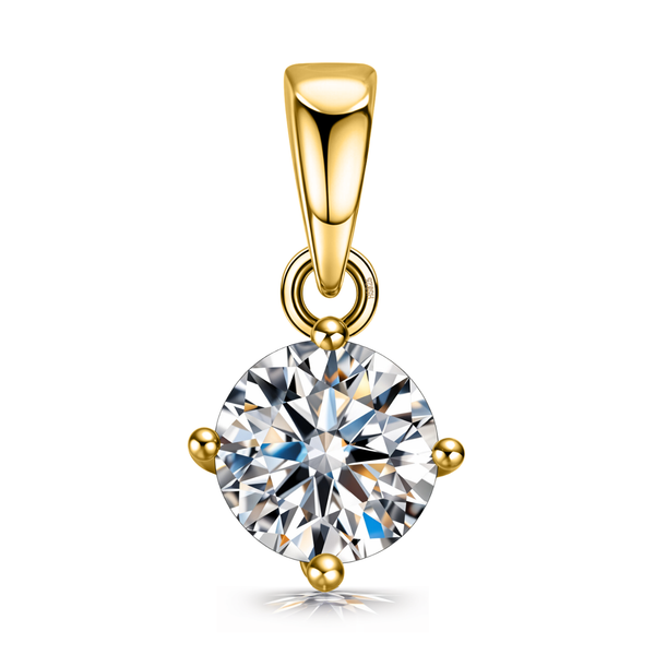 A solitaire pendant with a round American diamond in a four-prong setting, crafted from gold-plated sterling silver on a white background.