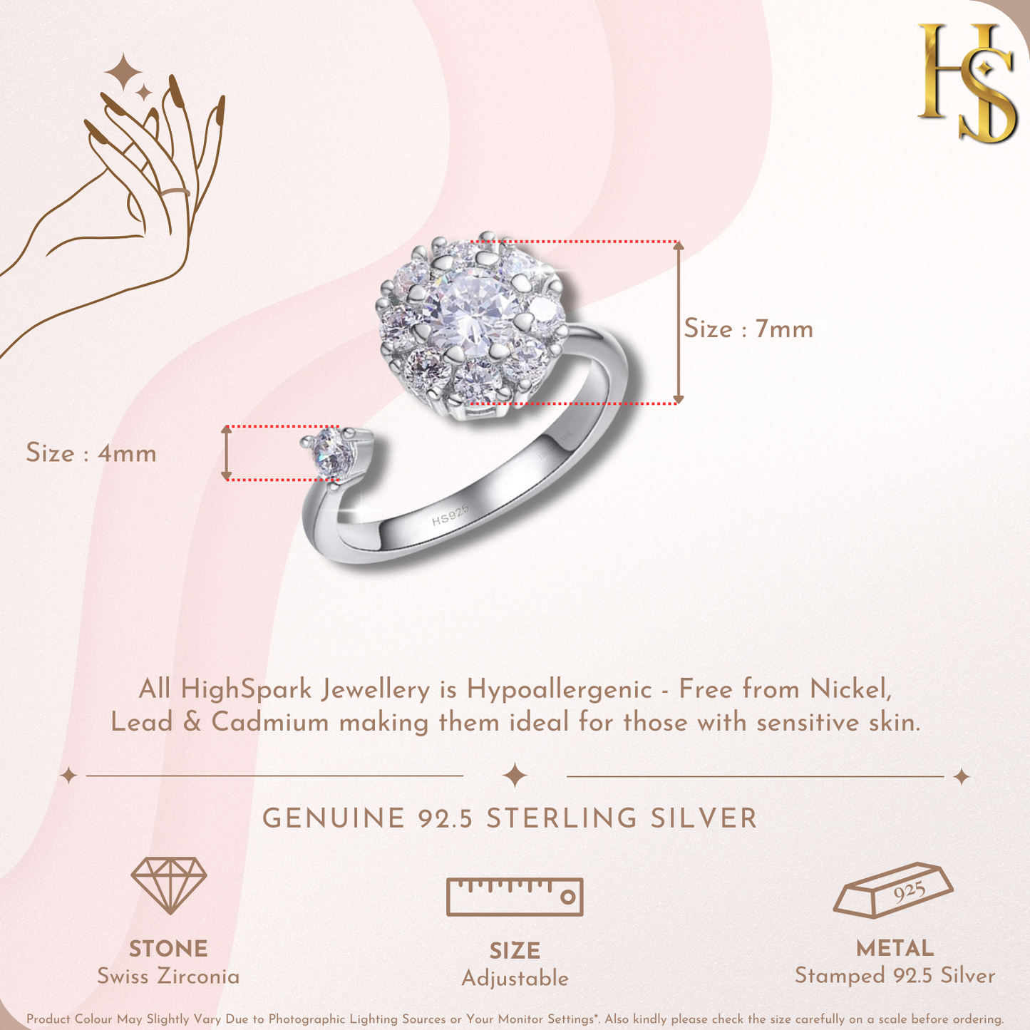 Infographic showing an adjustable sterling silver ring with a large American diamond halo cluster and a smaller solitaire.
