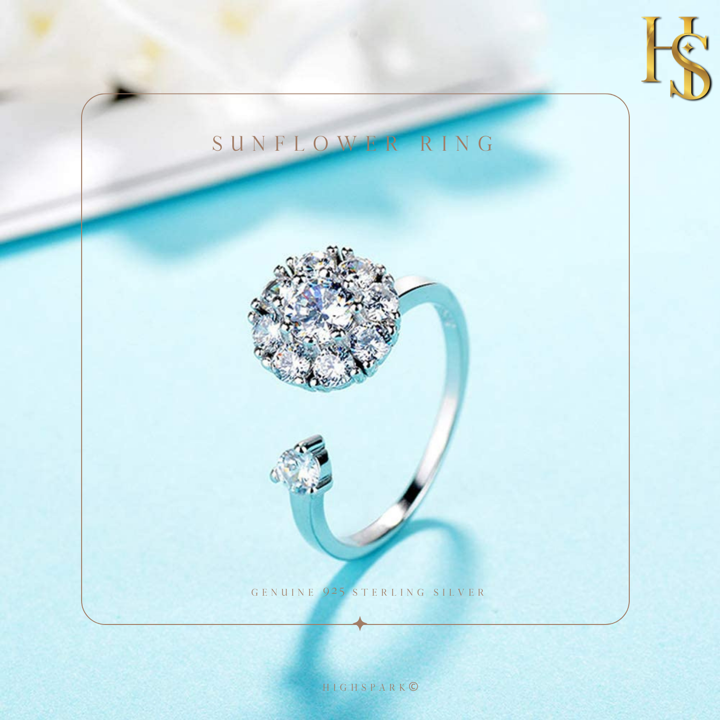 An adjustable sterling silver ring with a sunflower-shaped American diamond cluster and a single stone on the other end.