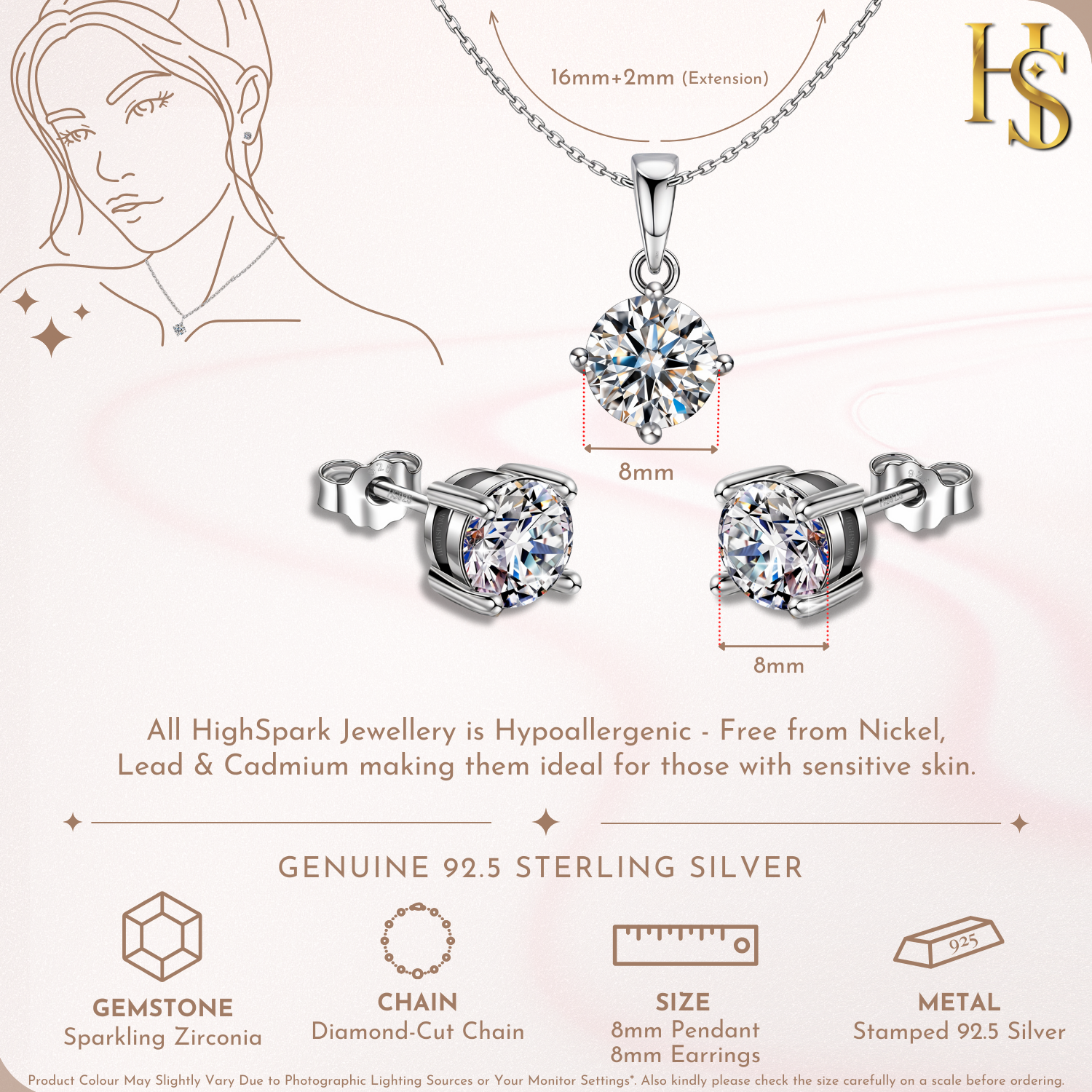 Infographic showing a sterling silver solitaire set with round American diamond stud earrings and a matching pendant with a chain.