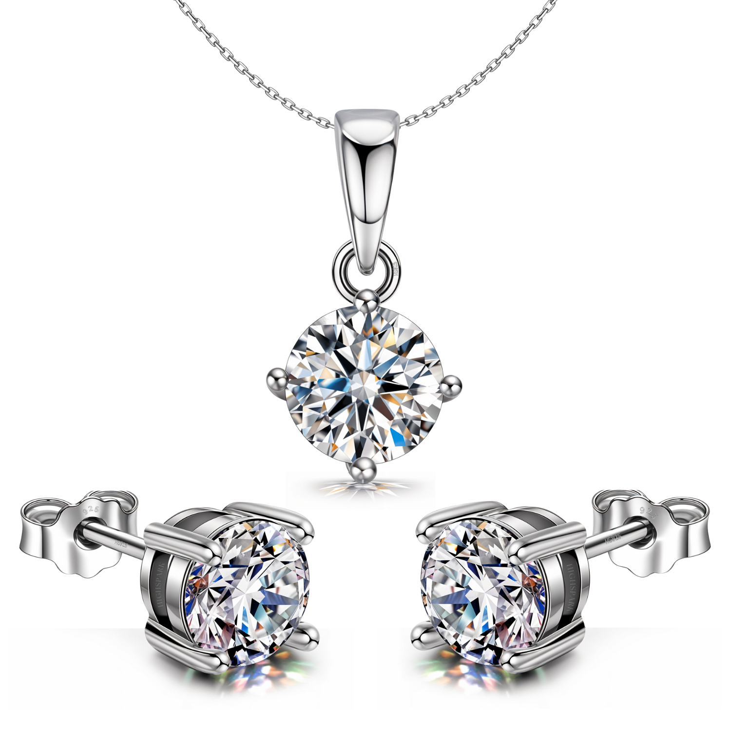 A solitaire jewellery set with a pendant necklace and matching stud earrings.