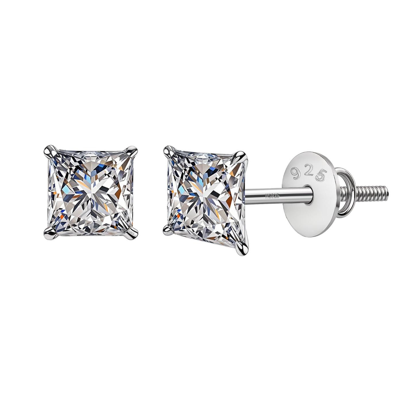 Solitaire Square Screwback Stud Earrings in 92.5 Silver - Princess Cut - Brilliant Swiss Zirconia HighSpark