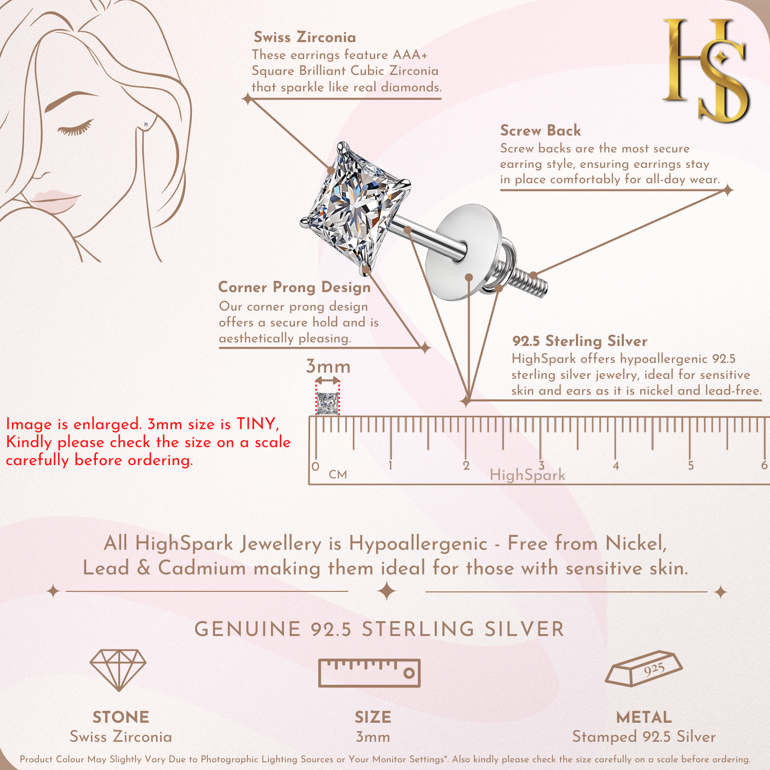 Solitaire Square Screwback Stud Earrings in 92.5 Silver - Princess Cut - Brilliant Swiss Zirconia HighSpark