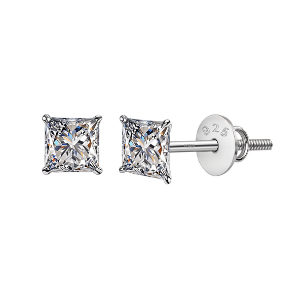 A pair of solitaire stud screwback earrings with princess-cut American diamonds in a four-prong setting, crafted from 925 sterling silver.