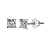 A pair of solitaire stud screwback earrings with princess-cut American diamonds in a four-prong setting, crafted from 925 sterling silver.