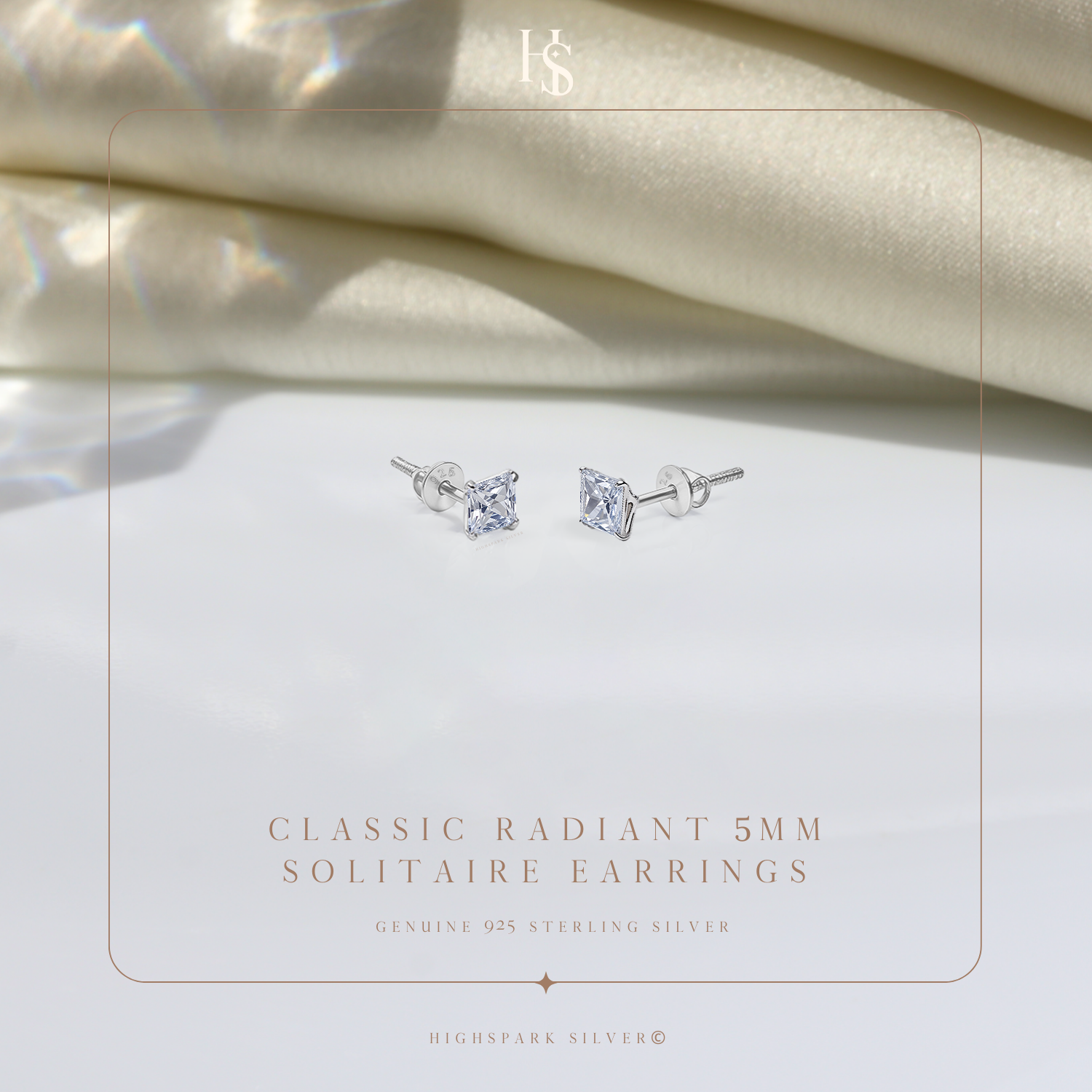 Solitaire Square Screwback Stud Earrings in 92.5 Silver - Princess Cut - Brilliant Swiss Zirconia HighSpark