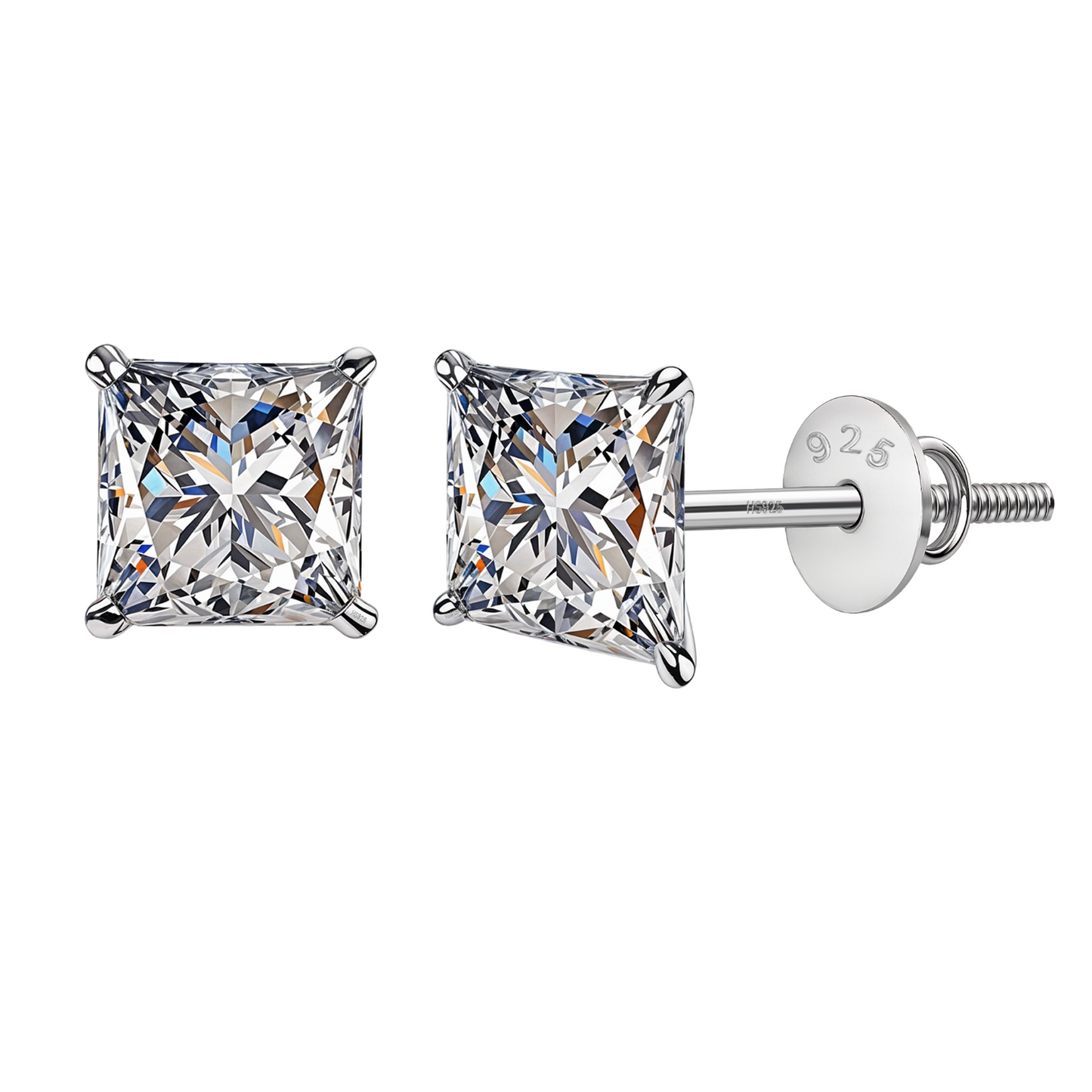 Solitaire Square Screwback Stud Earrings in 92.5 Silver - Princess Cut - Brilliant Swiss Zirconia HighSpark
