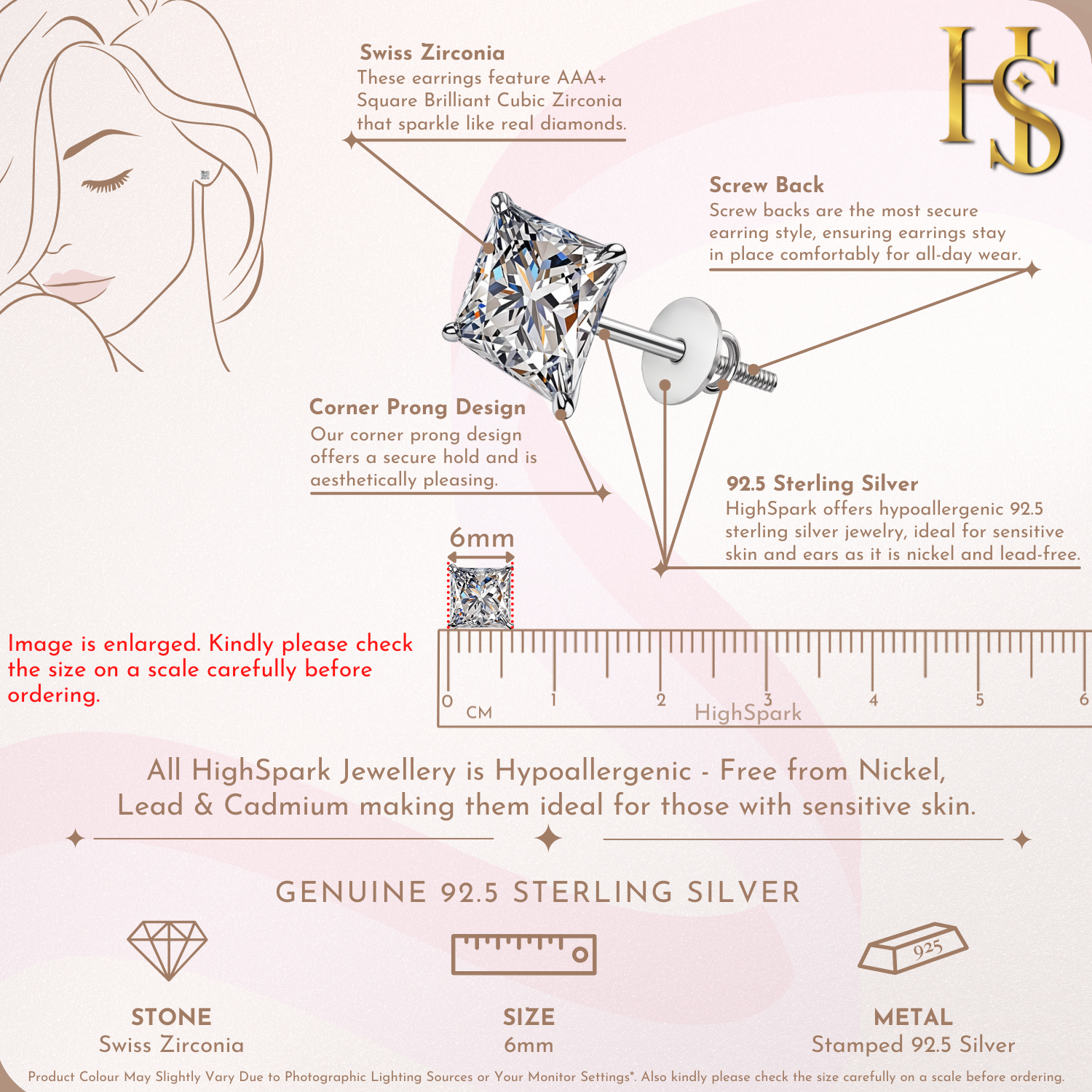Solitaire Square Screwback Stud Earrings in 92.5 Silver - Princess Cut - Brilliant Swiss Zirconia HighSpark