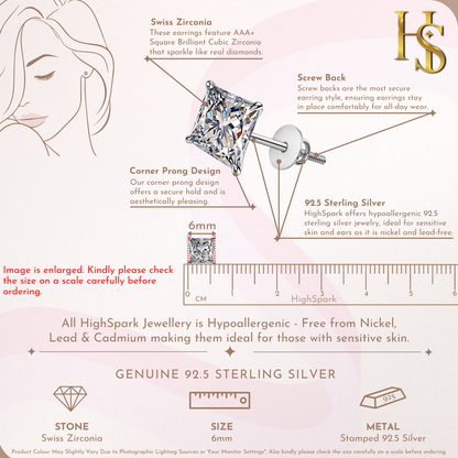 Solitaire Square Screwback Stud Earrings in 92.5 Silver - Princess Cut - Brilliant Swiss Zirconia HighSpark