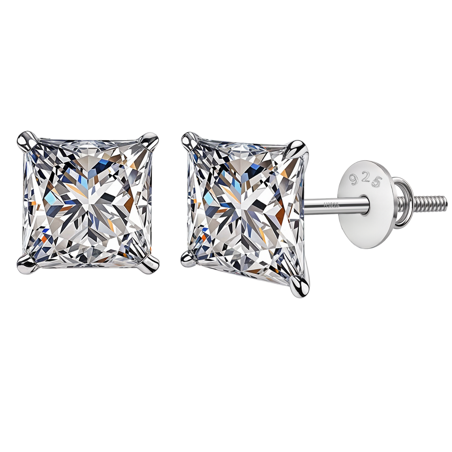 Solitaire Square Screwback Stud Earrings in 92.5 Silver - Princess Cut - Brilliant Swiss Zirconia HighSpark
