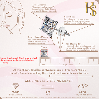 Solitaire Square Screwback Stud Earrings in 92.5 Silver - Princess Cut - Brilliant Swiss Zirconia HighSpark