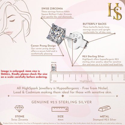 Infographic showing the features of solitaire stud earrings, including a 4mm princess-cut American diamond, corner prongs.