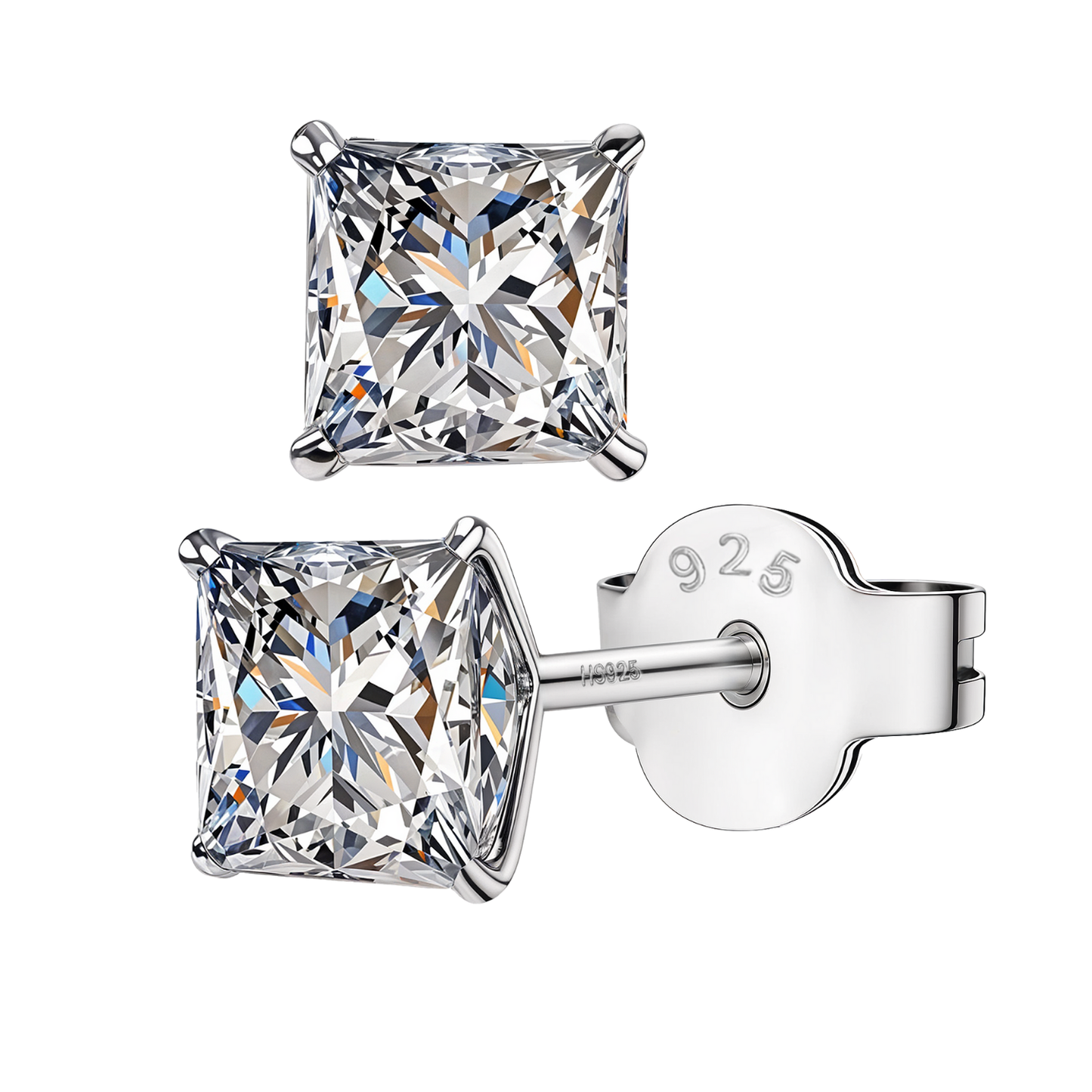 A pair of solitaire stud earrings with princess-cut American diamonds in a four-prong sterling silver setting on a white background.