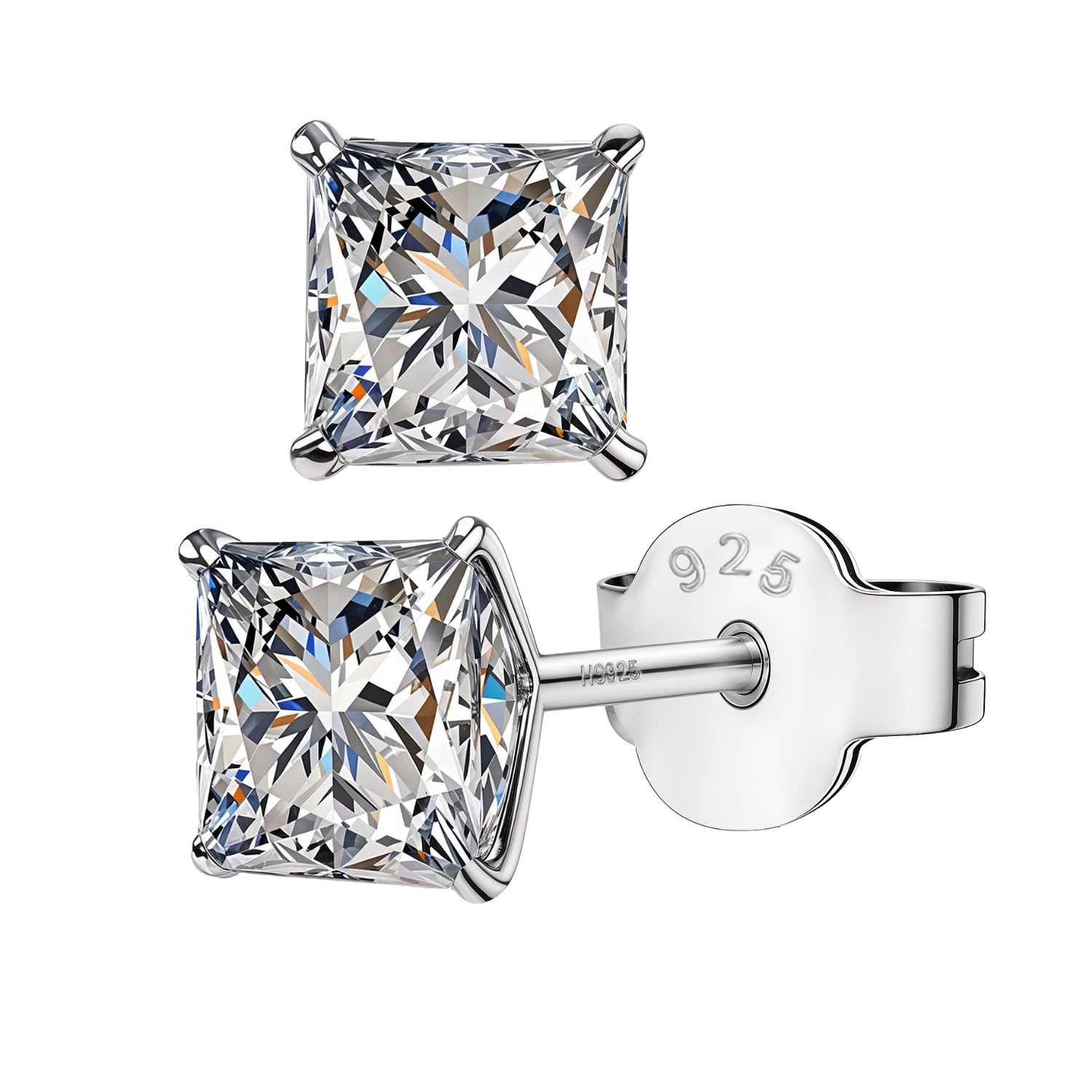 A pair of solitaire stud earrings with princess-cut American diamonds in a four-prong sterling silver setting on a white background.