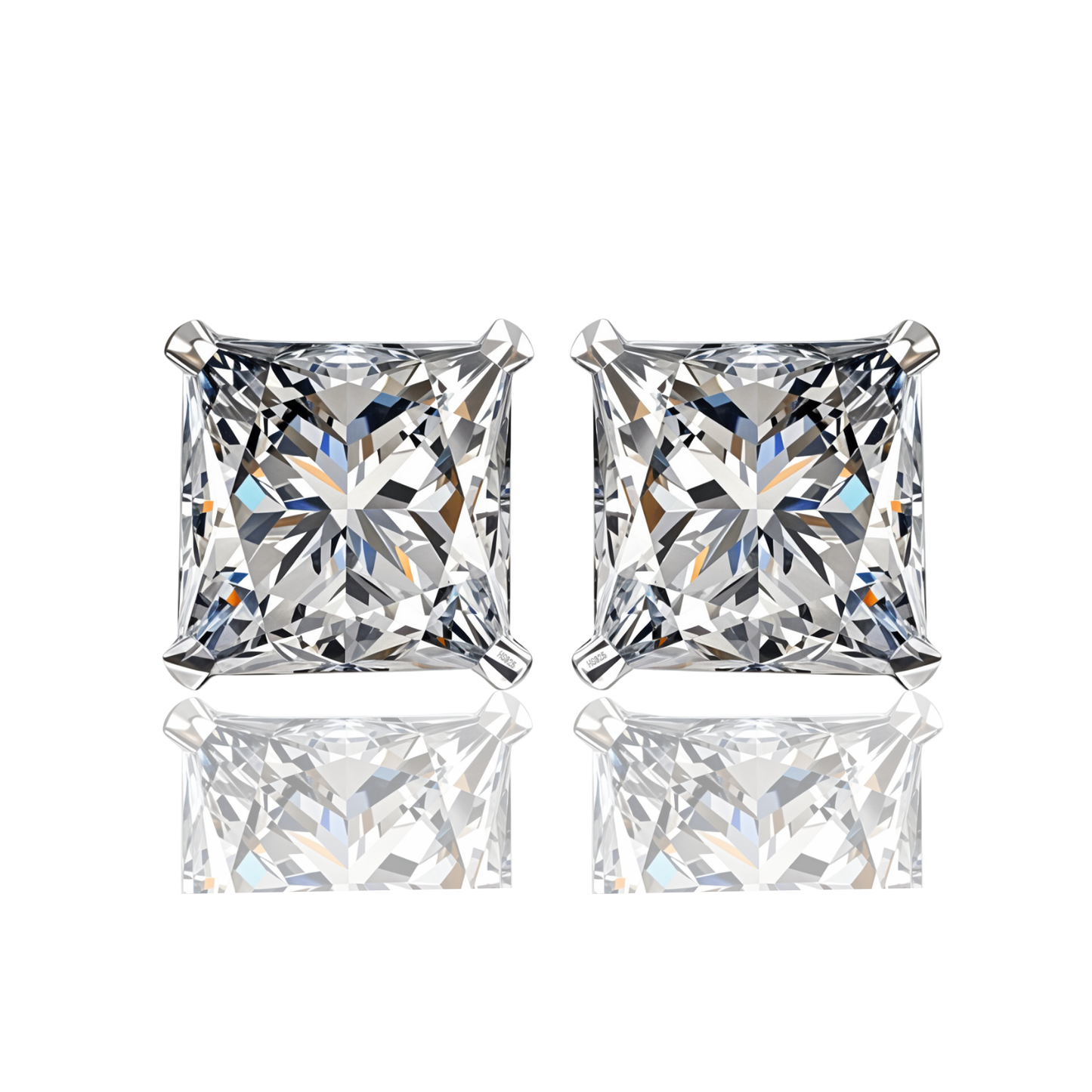 A pair of solitaire stud earrings with princess-cut American diamonds in a four-prong sterling silver setting on a white background.