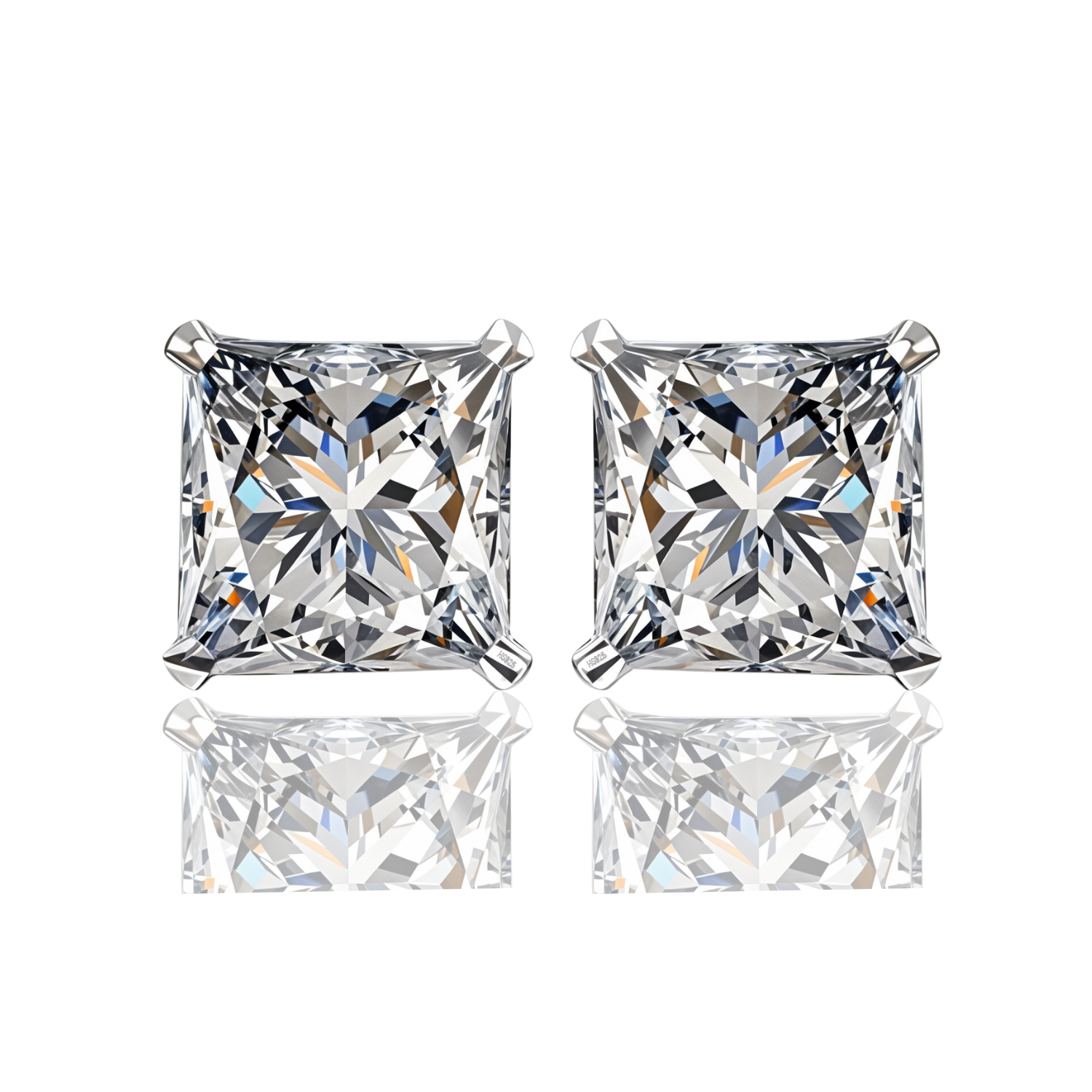 A pair of solitaire stud earrings with princess-cut American diamonds in a four-prong sterling silver setting on a white background.