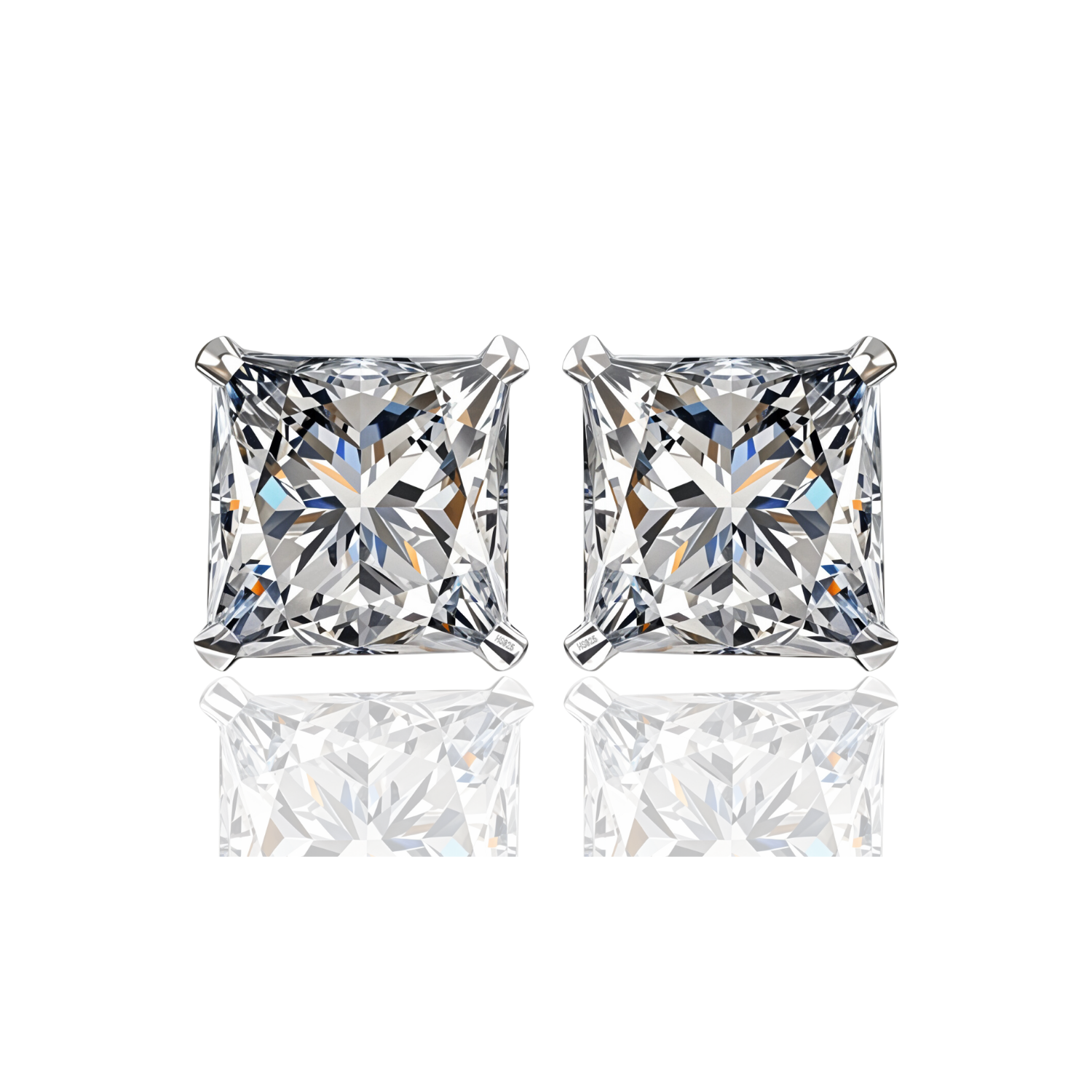 A pair of stud earrings with princess-cut American diamonds in a four-prong sterling silver setting, shown on a white reflective surface.