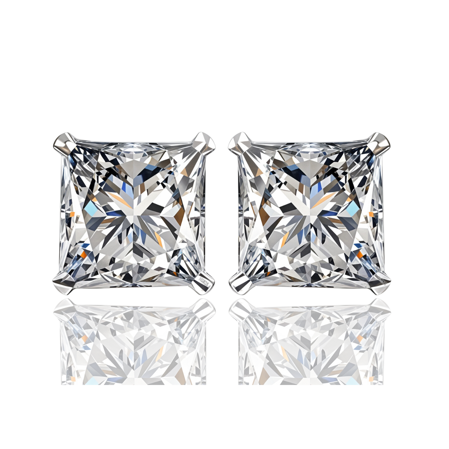 A pair of solitaire stud earrings with princess-cut American diamonds in a four-prong sterling silver setting.