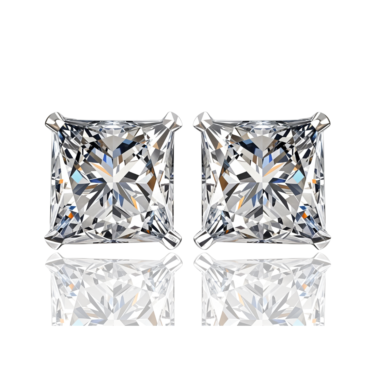 A pair of solitaire stud earrings with princess-cut American diamonds in a four-prong sterling silver setting.