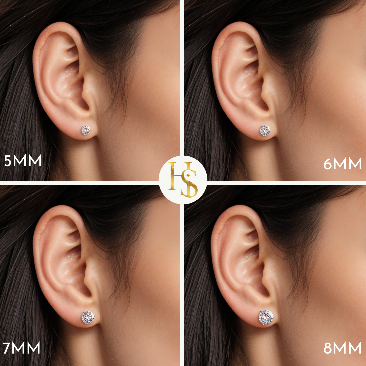 An infographic showing four sizes of round American diamond stud earrings, from 5mm to 8mm, worn on the ear to compare scale.