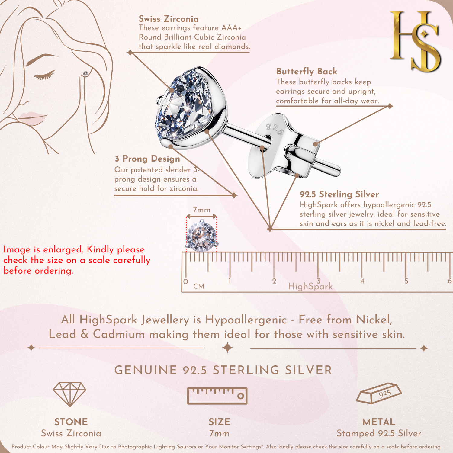 Solitaire Stud Earrings in 92.5 Silver - Sparkling Martini by HighSpark - Sparkling Swiss Zirconia in Martini Style 3 Prong Setting HighSpark