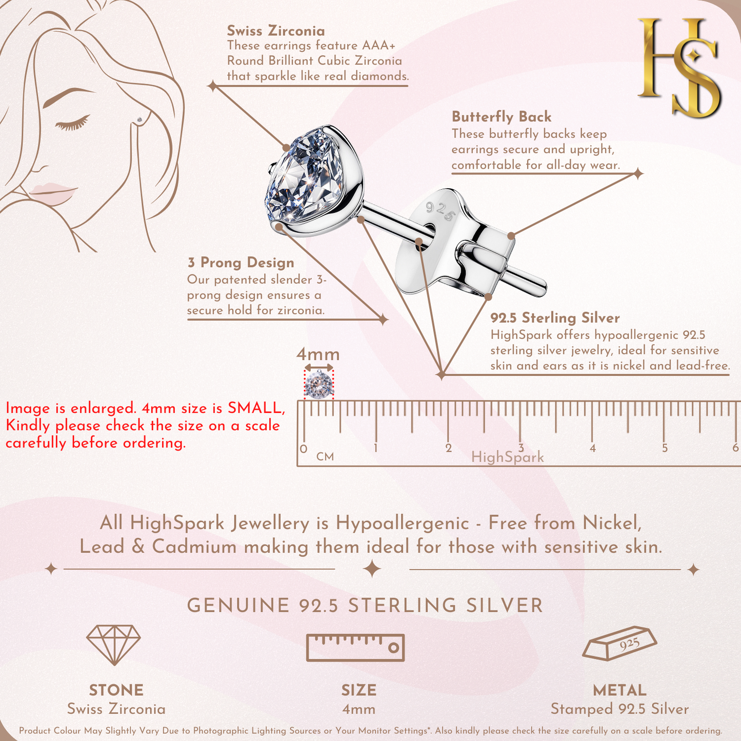 Solitaire Stud Earrings in 92.5 Silver - Sparkling Martini by HighSpark - Sparkling Swiss Zirconia in Martini Style 3 Prong Setting HighSpark