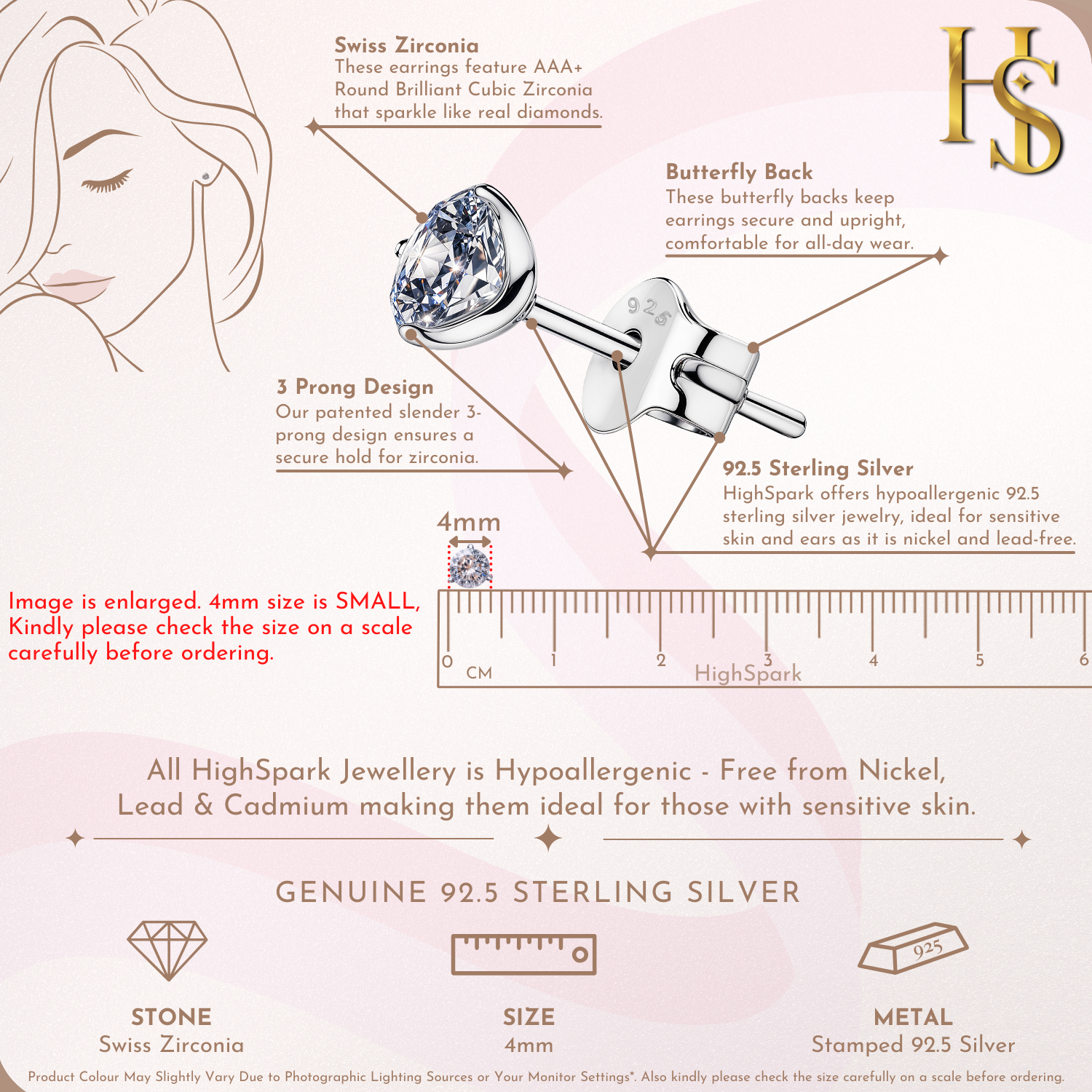 Solitaire Stud Earrings in 92.5 Silver - Sparkling Martini by HighSpark - Sparkling Swiss Zirconia in Martini Style 3 Prong Setting HighSpark